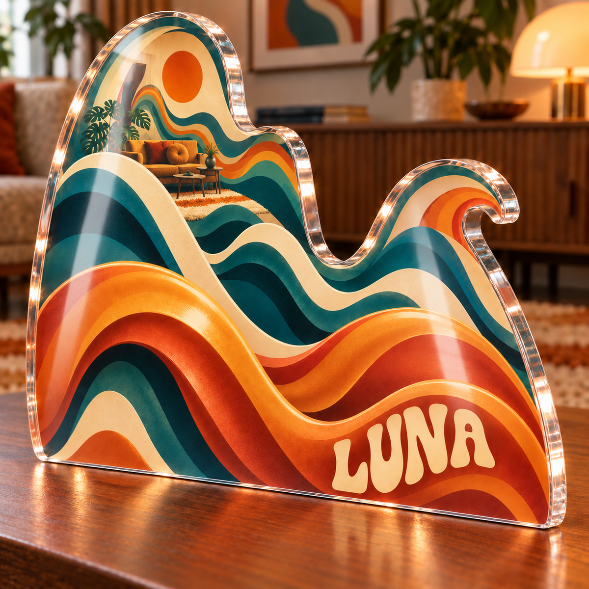 Artwork visualization: Groovy waves — living room focal point, personalized LUNA, subject-shaped acrylic with printed optical 3D depth; not carved relief.