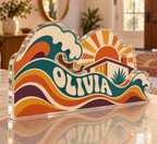 Artwork visualization: Groovy waves — personalized housewarming, personalized OLIVIA, subject-shaped acrylic with printed optical 3D depth; not carved relief.