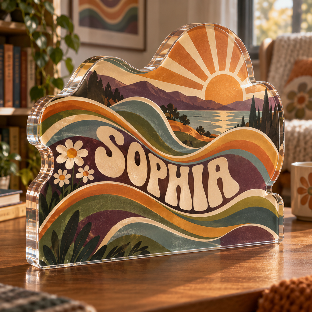 Artwork visualization: Groovy waves — quiet corner decoration, personalized SOPHIA, subject-shaped acrylic with printed optical 3D depth; not carved relief.