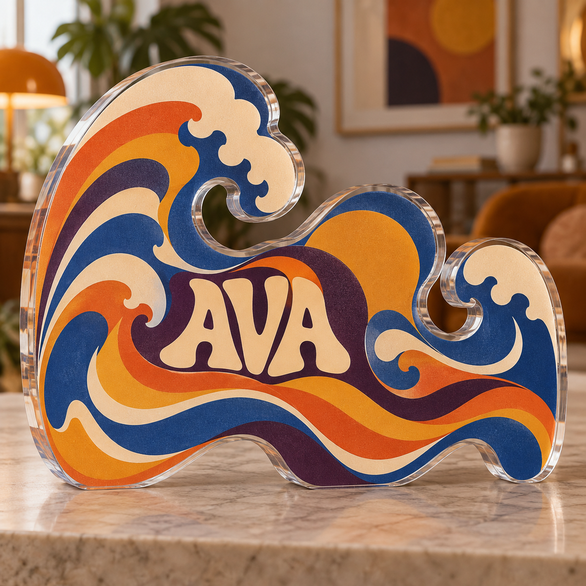 Artwork visualization: Groovy waves — apartment gallery wall, personalized AVA, subject-shaped acrylic with printed optical 3D depth; not carved relief.