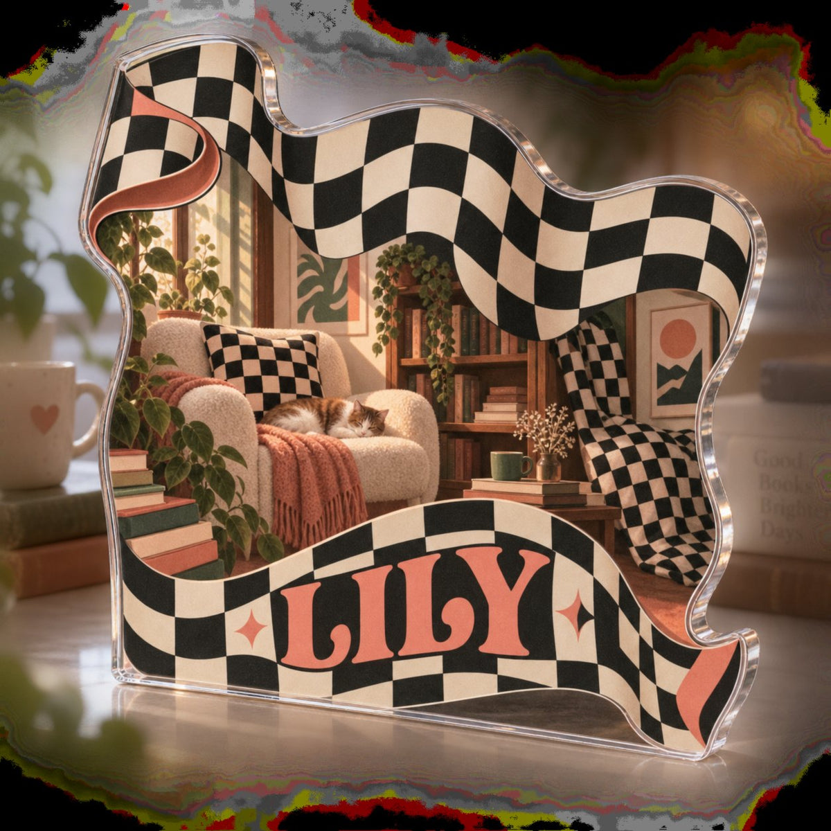 Personalized Wavy Checkerboard Reading Nook Decor custom shape acrylic plaque with an example name set into the artwork, digital preview