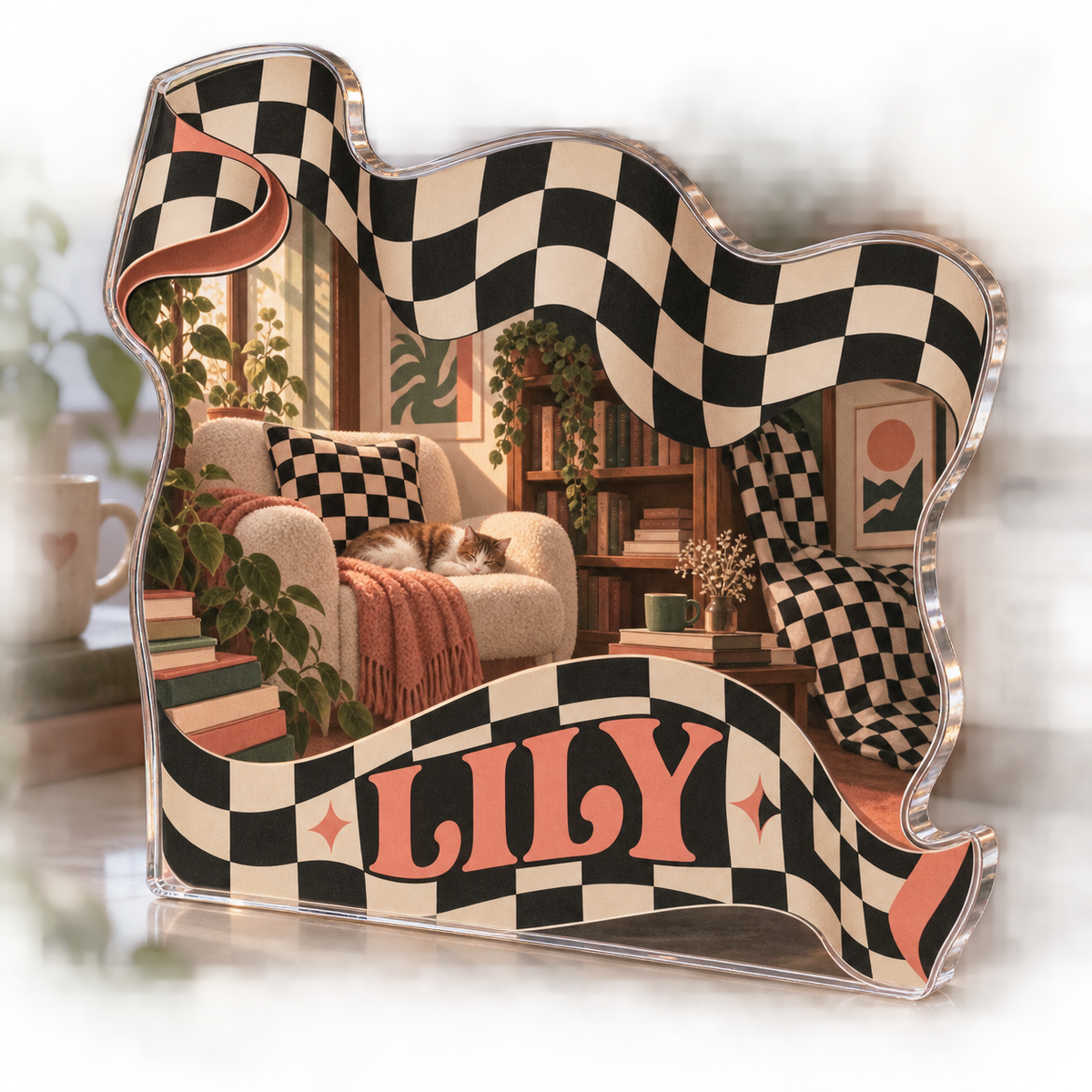Artwork visualization: Wavy checkerboard — reading nook decor, personalized LILY, subject-shaped acrylic with printed optical 3D depth; not carved relief.