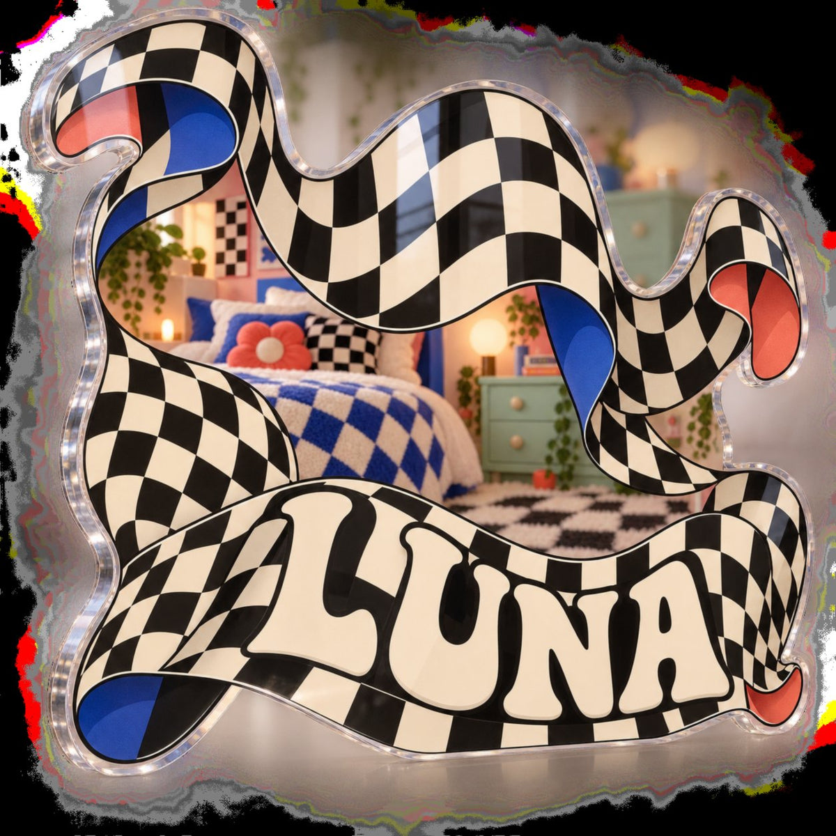 Personalized Wavy Checkerboard Bedroom Statement Decor custom shape acrylic plaque with an example name set into the artwork, digital preview