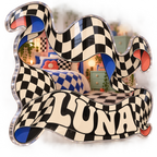 Artwork visualization: Wavy checkerboard — bedroom statement decor, personalized LUNA, subject-shaped acrylic with printed optical 3D depth; not carved relief.