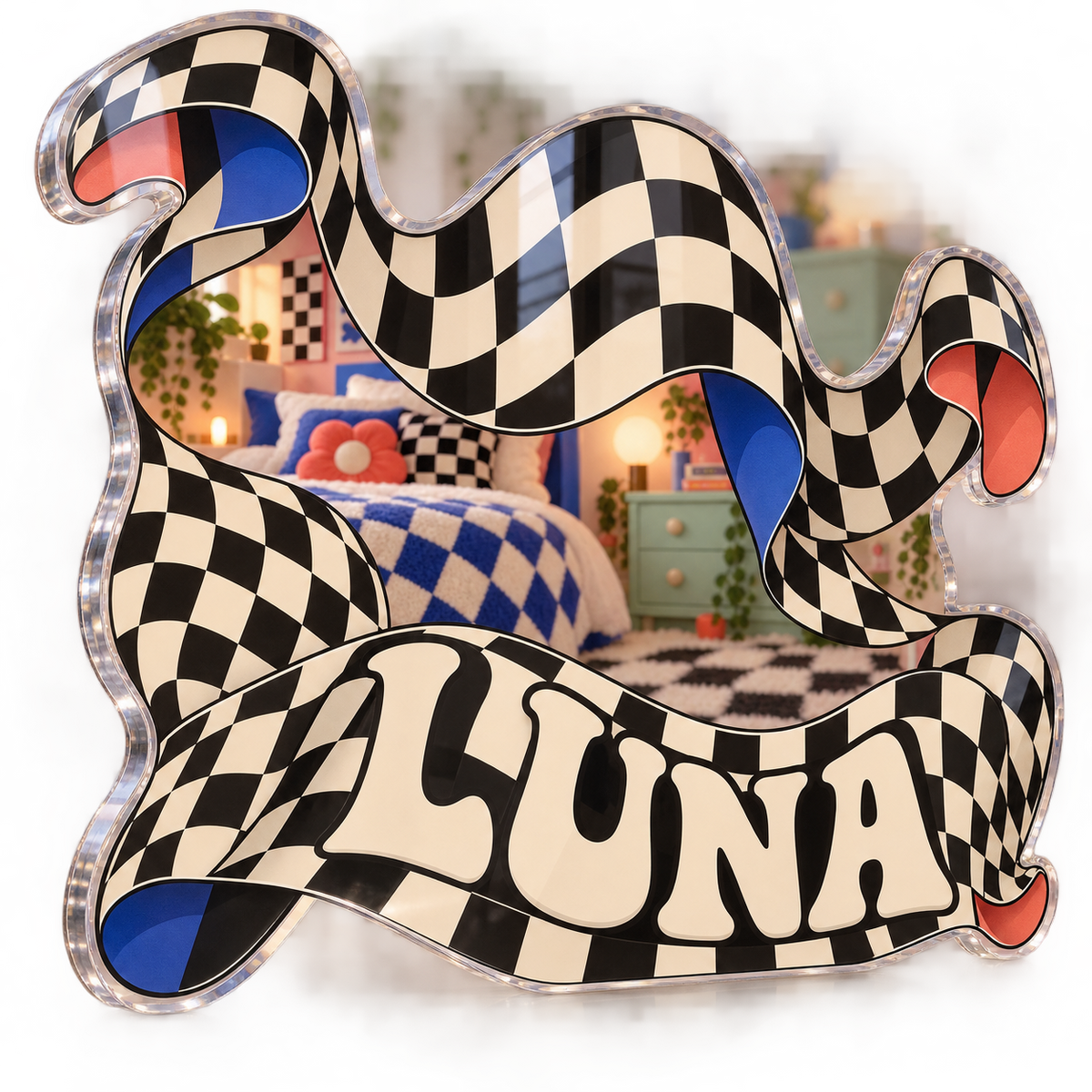 Artwork visualization: Wavy checkerboard — bedroom statement decor, personalized LUNA, subject-shaped acrylic with printed optical 3D depth; not carved relief.