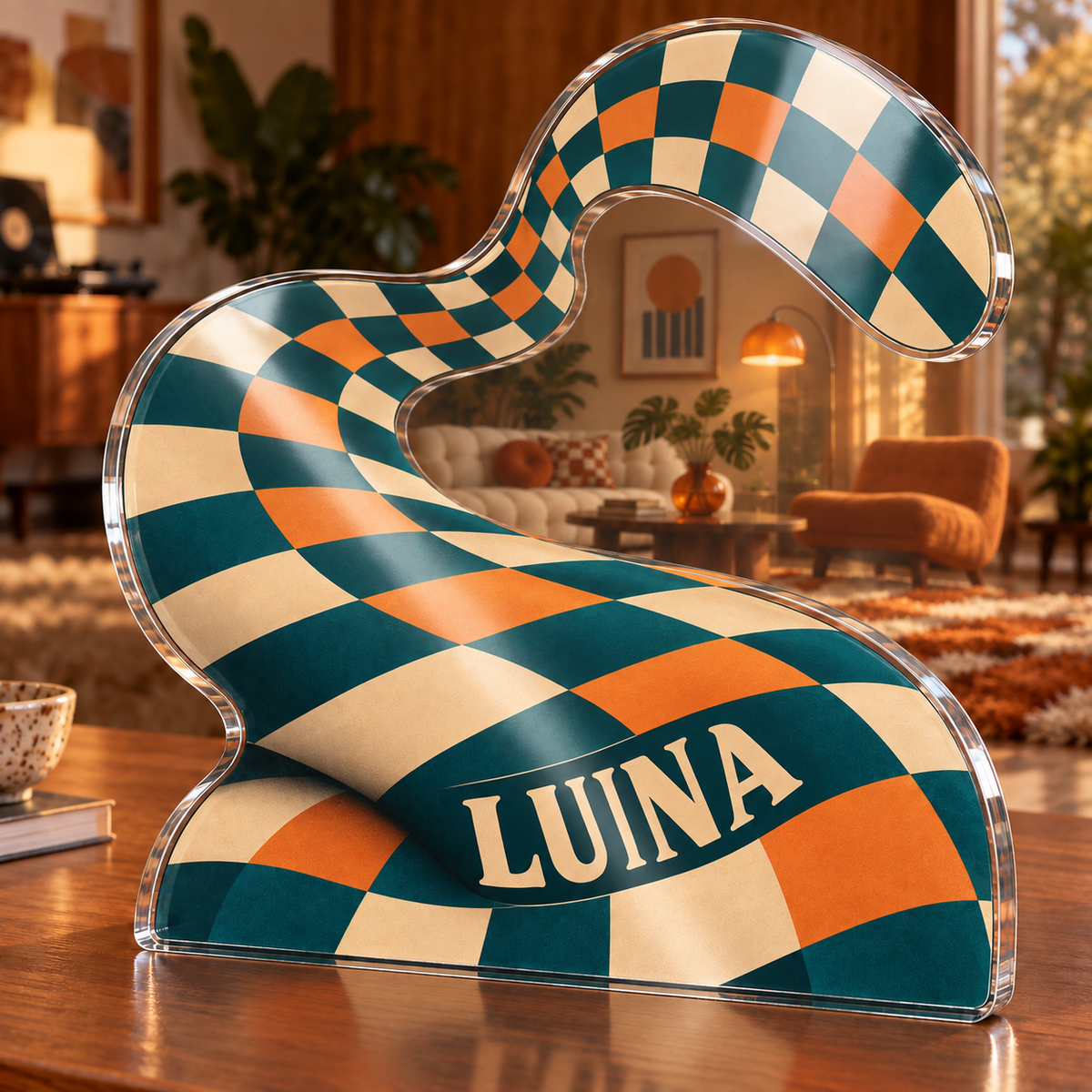 Artwork visualization: Wavy checkerboard — living room focal point, personalized LUNA, subject-shaped acrylic with printed optical 3D depth; not carved relief.