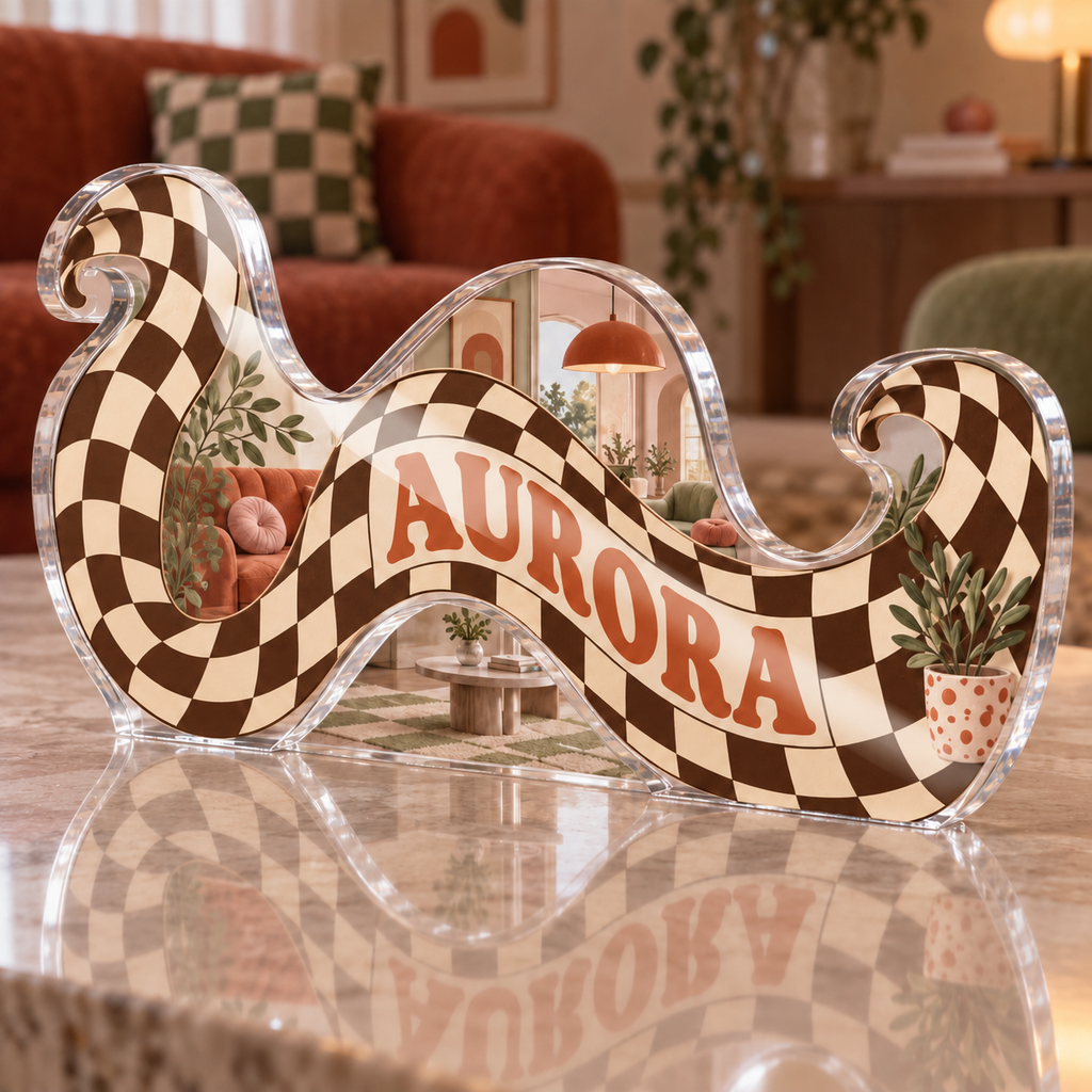 Artwork visualization: Wavy checkerboard — personalized housewarming, personalized AURORA, subject-shaped acrylic with printed optical 3D depth; not carved relief.