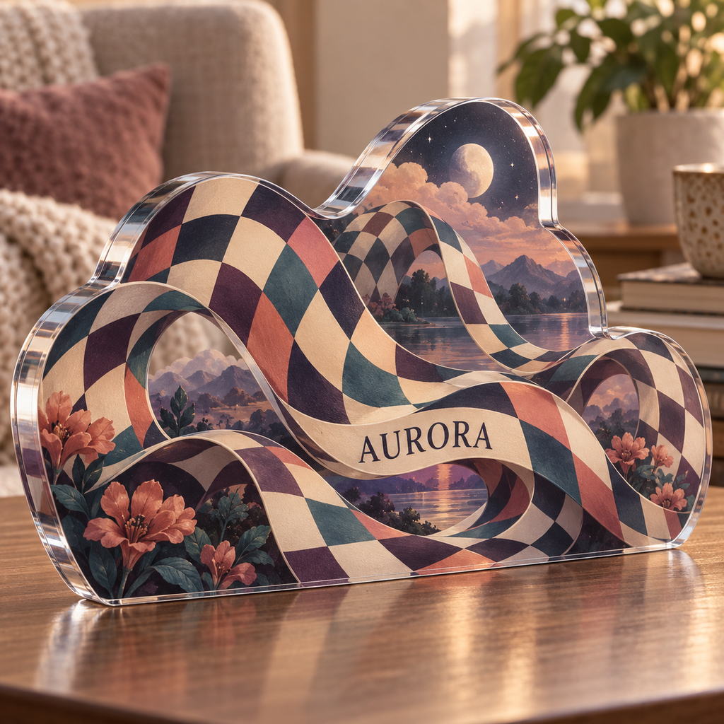Artwork visualization: Wavy checkerboard — quiet corner decoration, personalized AURORA, subject-shaped acrylic with printed optical 3D depth; not carved relief.
