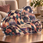 Artwork visualization: Wavy checkerboard — quiet corner decoration, personalized AURORA, subject-shaped acrylic with printed optical 3D depth; not carved relief.