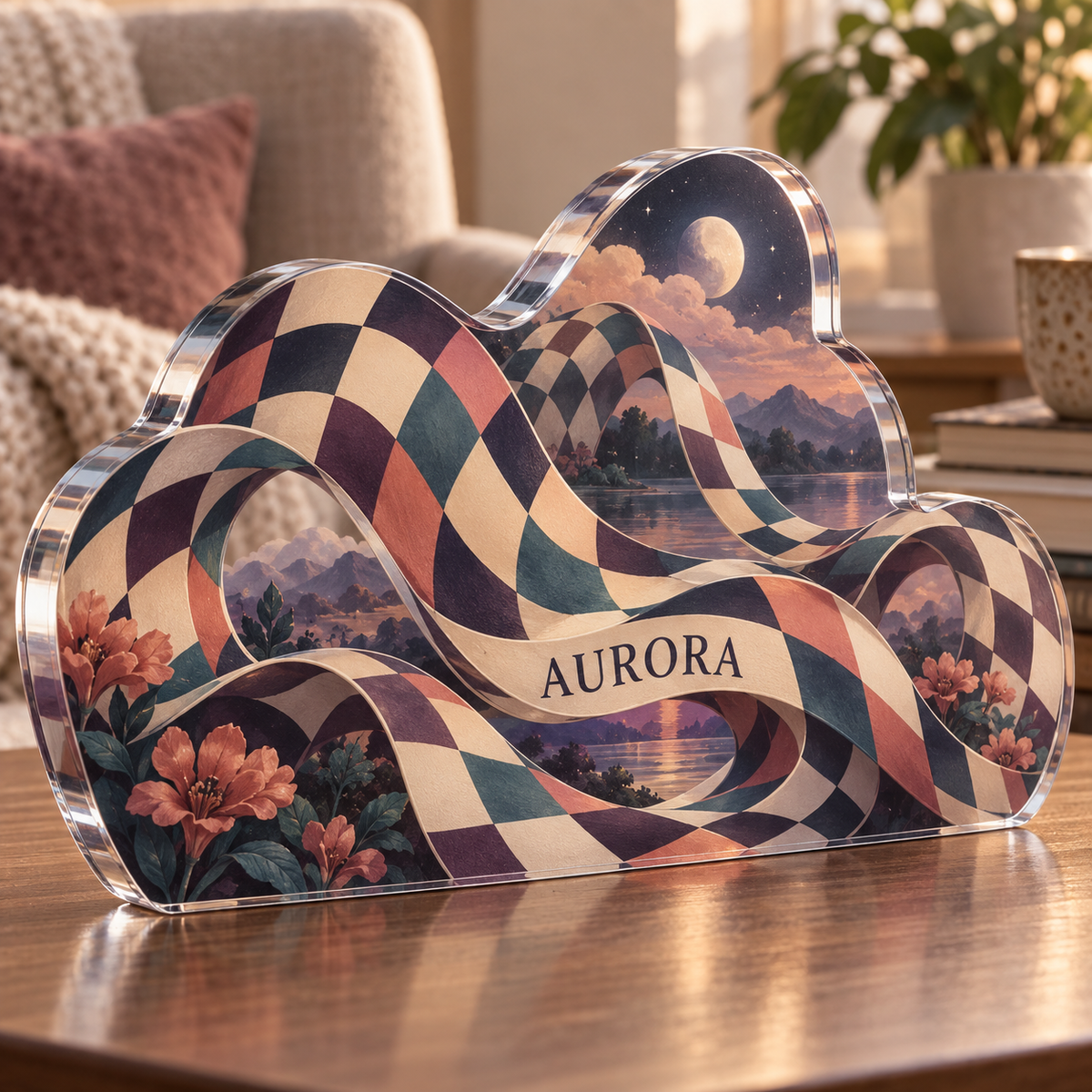 Artwork visualization: Wavy checkerboard — quiet corner decoration, personalized AURORA, subject-shaped acrylic with printed optical 3D depth; not carved relief.