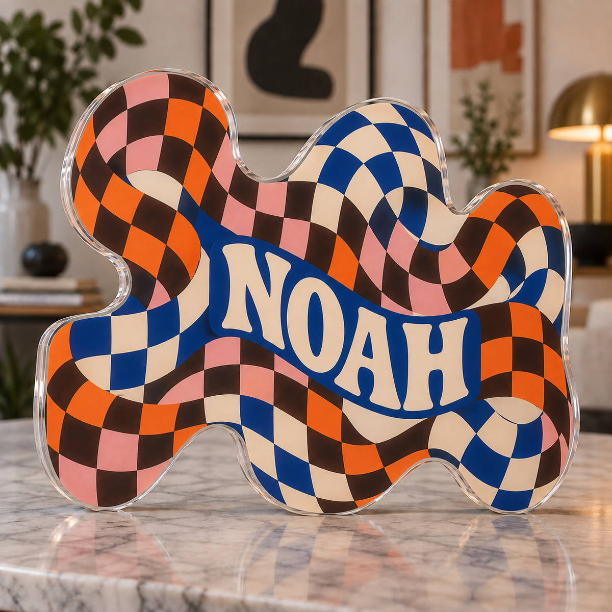 Artwork visualization: Wavy checkerboard — apartment gallery wall, personalized NOAH, subject-shaped acrylic with printed optical 3D depth; not carved relief.