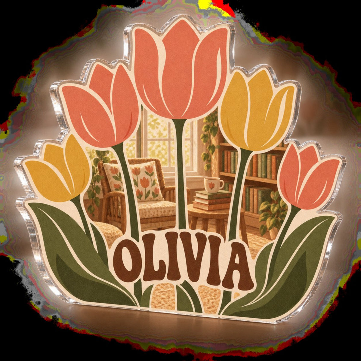 Personalized Retro Tulip Grid Reading Nook Decor custom shape acrylic plaque with an example name set into the artwork, digital preview