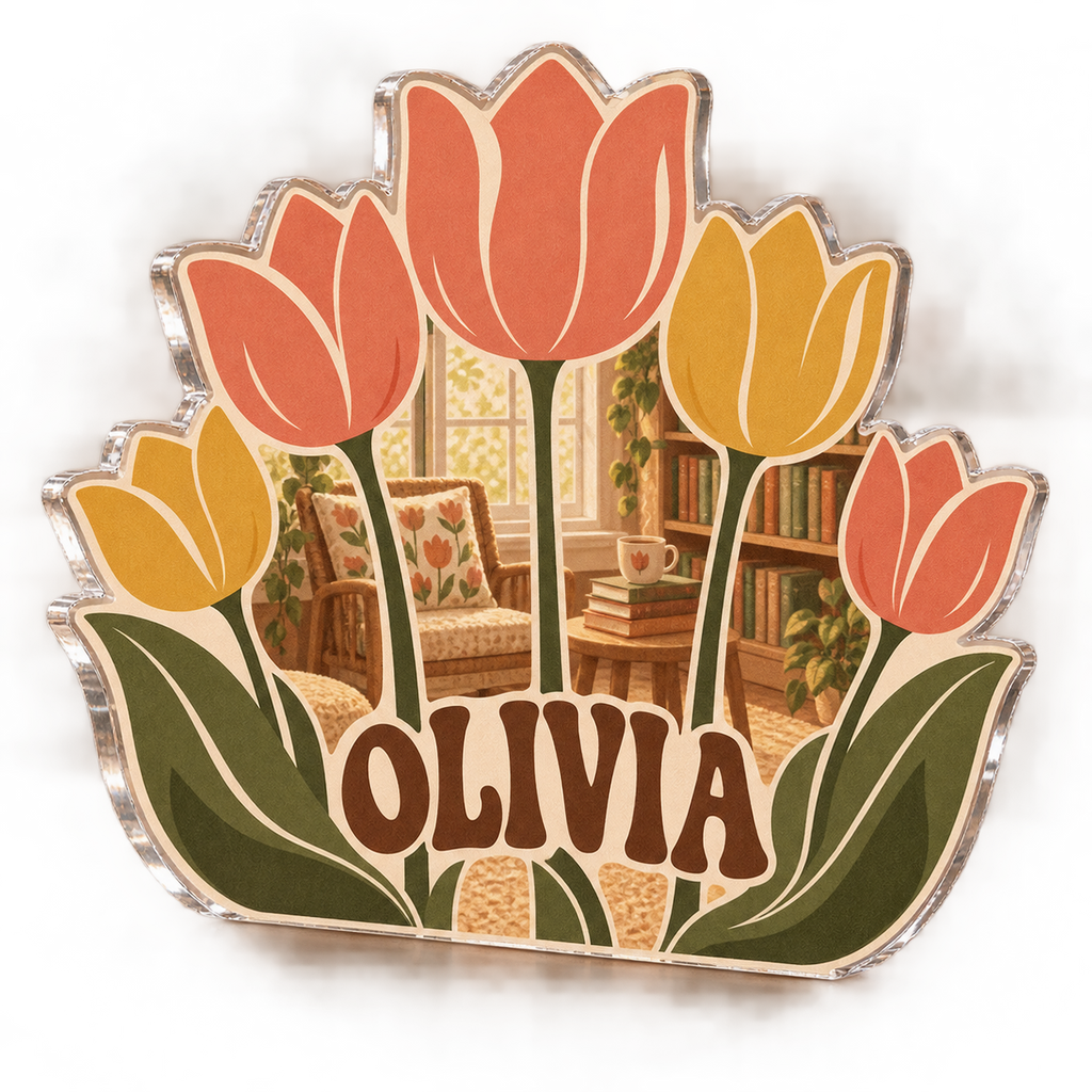 Artwork visualization: Retro tulip grid — reading nook decor, personalized OLIVIA, subject-shaped acrylic with printed optical 3D depth; not carved relief.