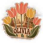 Artwork visualization: Retro tulip grid — reading nook decor, personalized OLIVIA, subject-shaped acrylic with printed optical 3D depth; not carved relief.