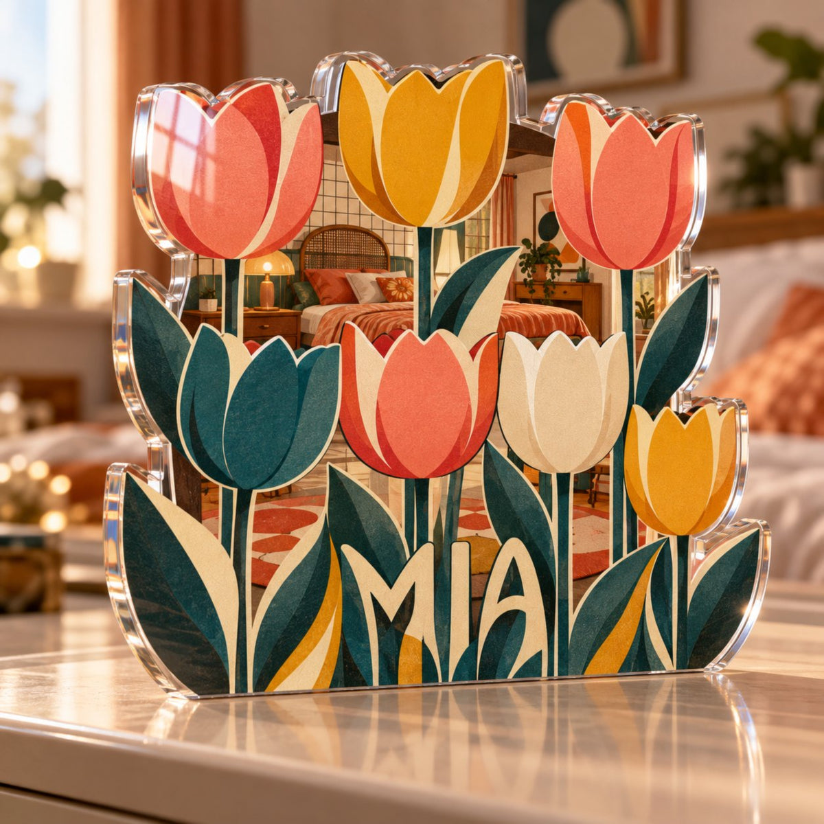 Personalized Retro Tulip Grid Bedroom Statement Decor custom shape acrylic plaque with an example name set into the artwork, digital preview