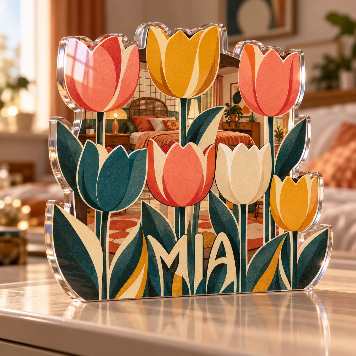 Artwork visualization: Retro tulip grid — bedroom statement decor, personalized MIA, subject-shaped acrylic with printed optical 3D depth; not carved relief.