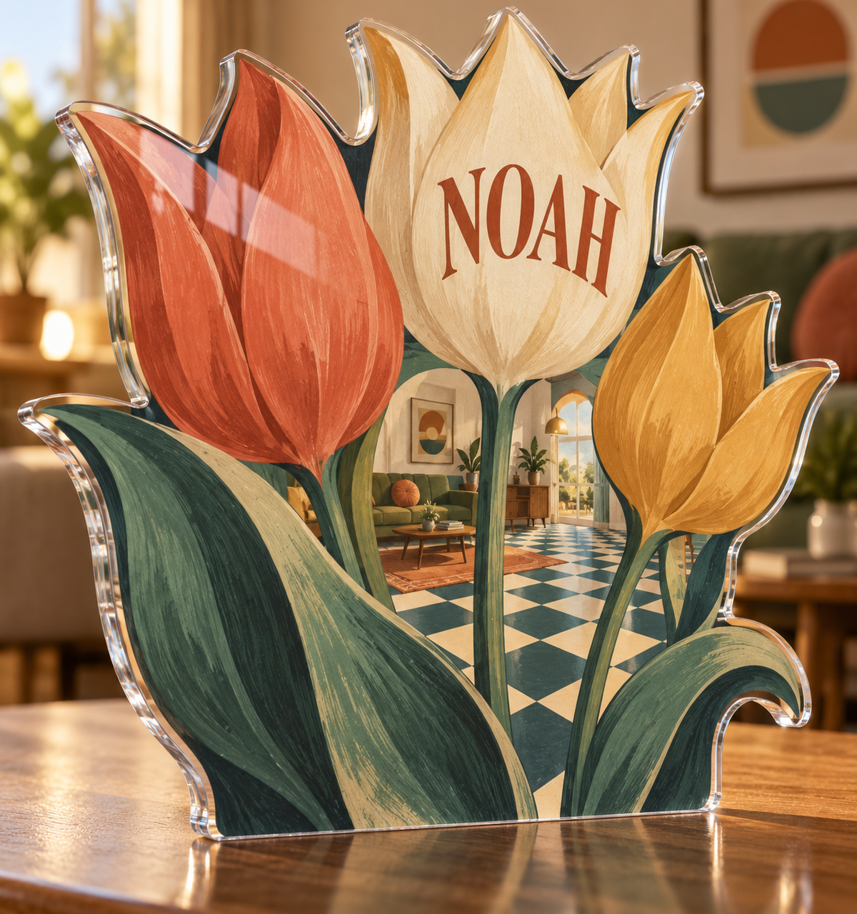 Artwork visualization: Retro tulip grid — living room focal point, personalized NOAH, subject-shaped acrylic with printed optical 3D depth; not carved relief.