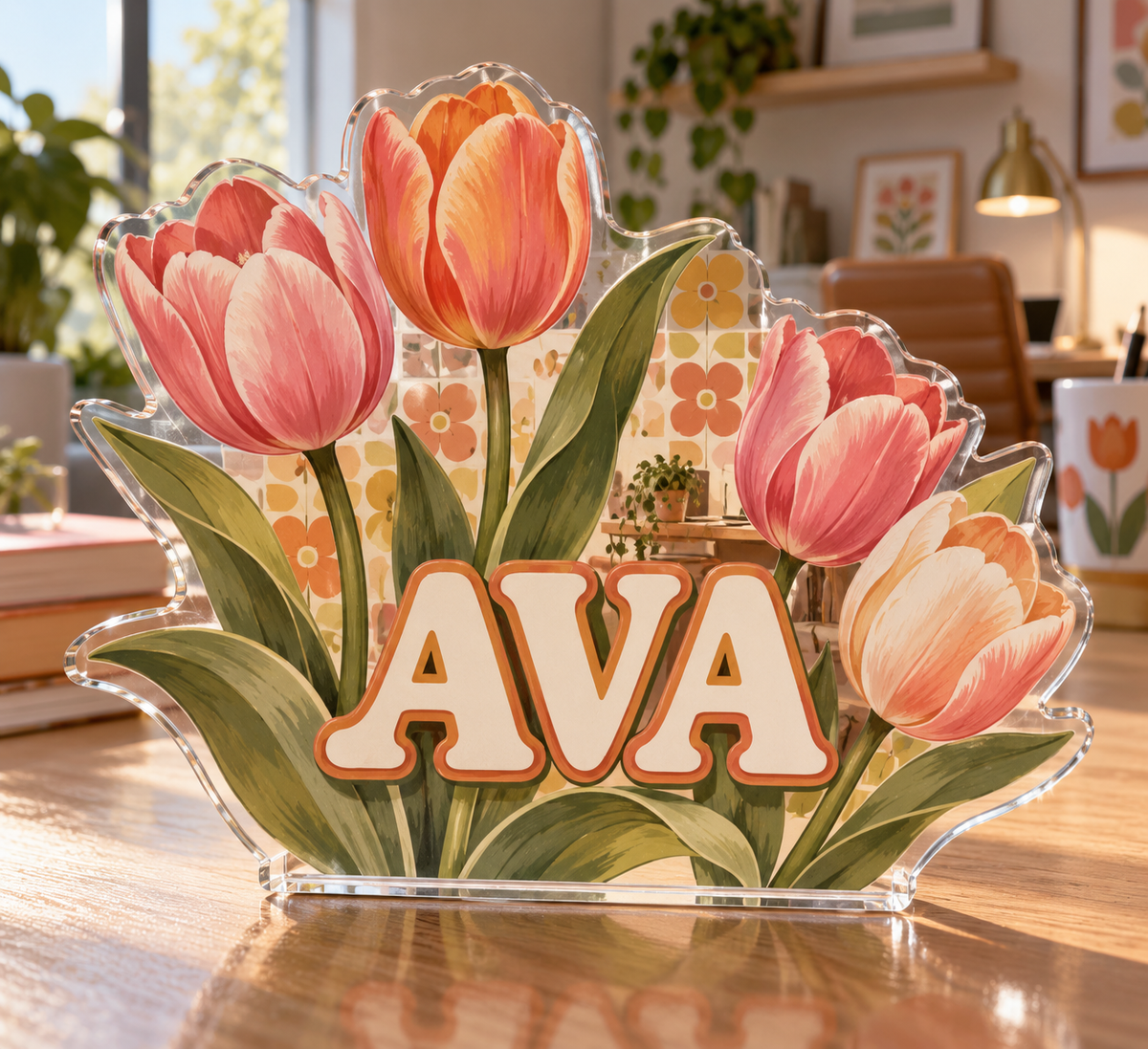 Artwork visualization: Retro tulip grid — home office backdrop, personalized AVA, subject-shaped acrylic with printed optical 3D depth; not carved relief.