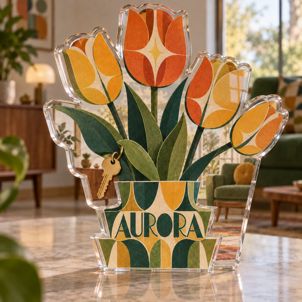Artwork visualization: Retro tulip grid — personalized housewarming, personalized AURORA, subject-shaped acrylic with printed optical 3D depth; not carved relief.