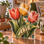 Artwork visualization: Retro tulip grid — quiet corner decoration, personalized AVA, subject-shaped acrylic with printed optical 3D depth; not carved relief.