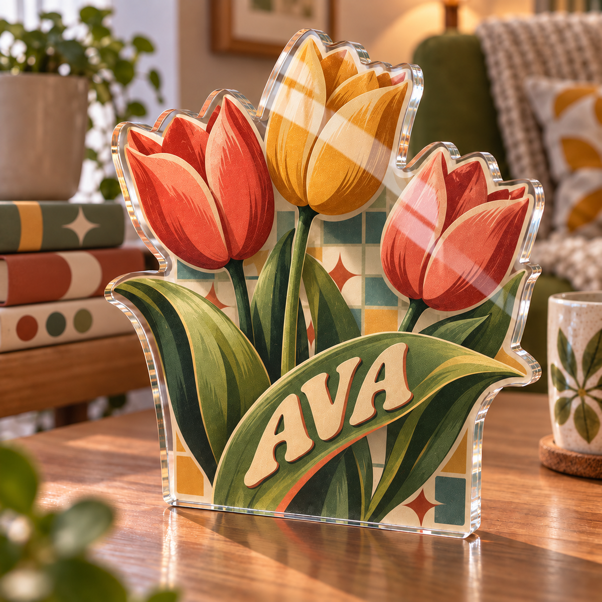Artwork visualization: Retro tulip grid — quiet corner decoration, personalized AVA, subject-shaped acrylic with printed optical 3D depth; not carved relief.