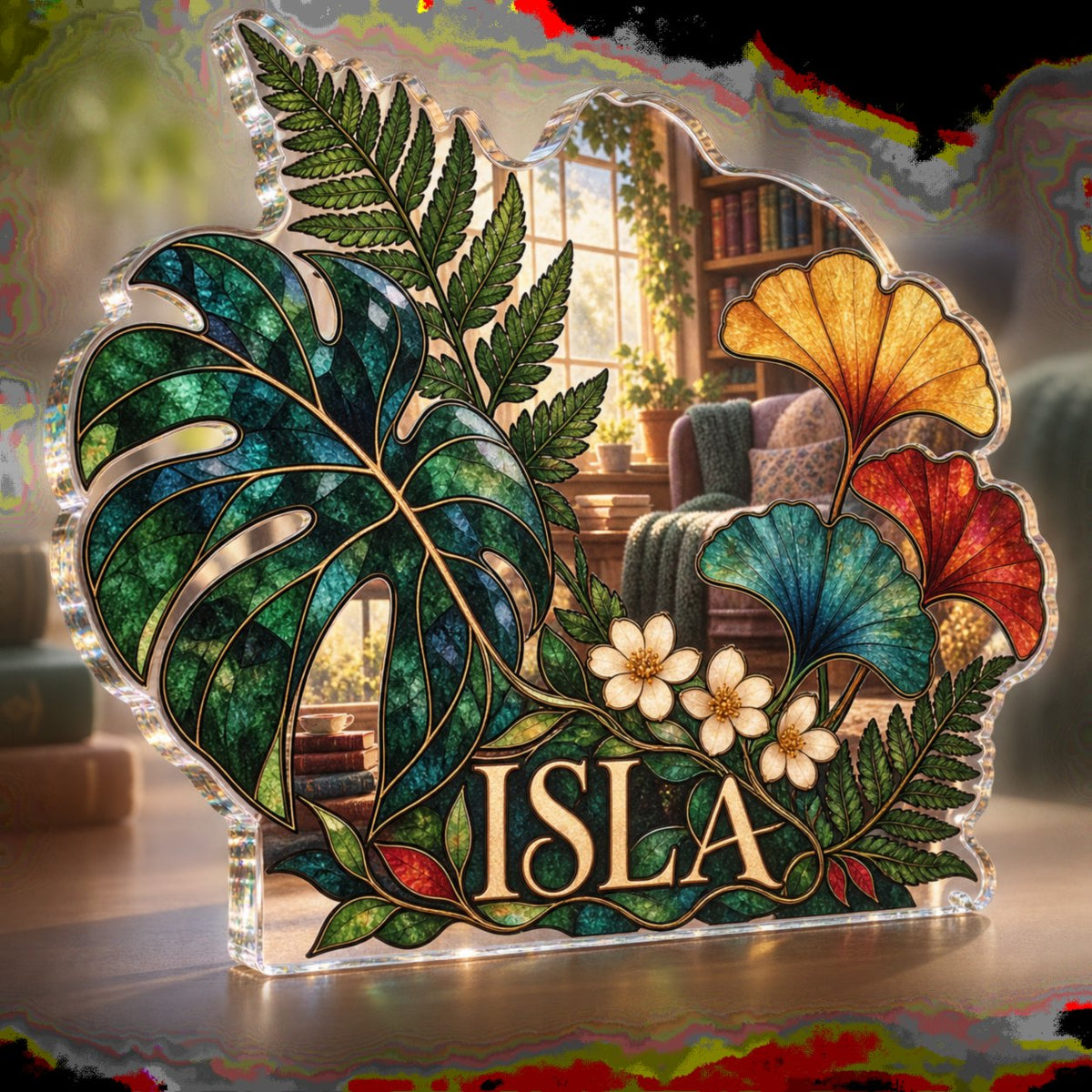 Personalized Botanical Stained Glass Effect Reading Nook Decor custom shape acrylic plaque with an example name set into the artwork, digital preview