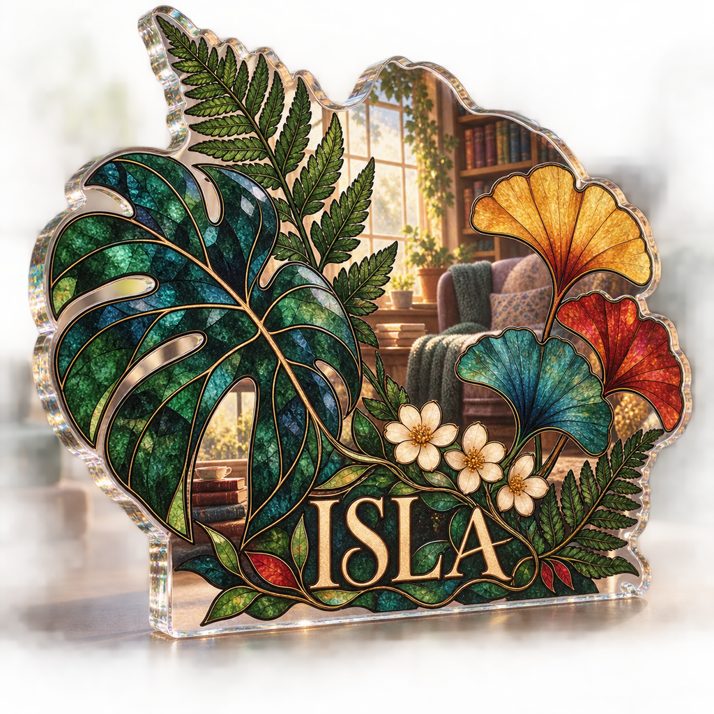 Artwork visualization: Botanical stained glass effect — reading nook decor, personalized ISLA, subject-shaped acrylic with printed optical 3D depth; not carved relief.