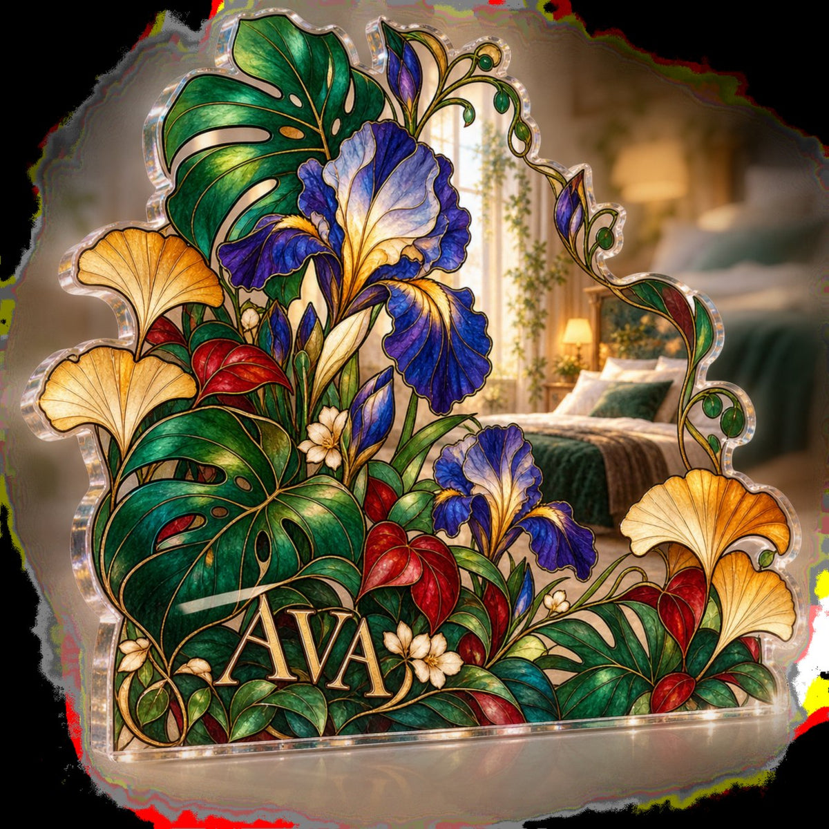 Personalized Botanical Stained Glass Effect Bedroom Statement Decor custom shape acrylic plaque with an example name set into the artwork, digital preview