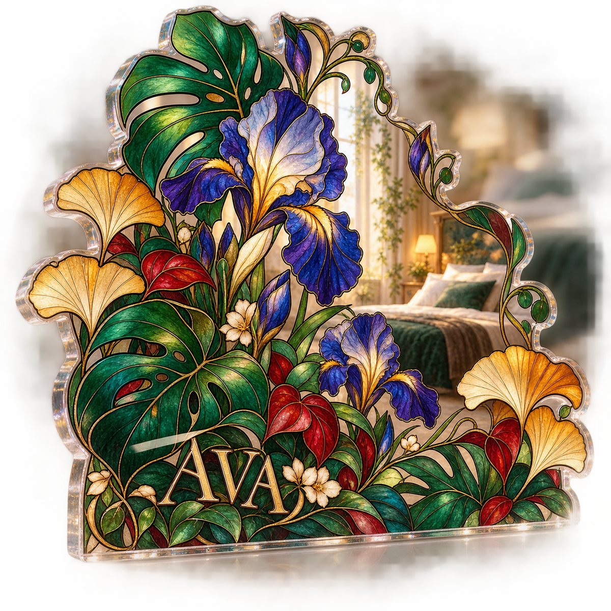 Artwork visualization: Botanical stained glass effect — bedroom statement decor, personalized AVA, subject-shaped acrylic with printed optical 3D depth; not carved relief.