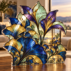 Artwork visualization: Botanical stained glass effect — living room focal point, personalized AURORA, subject-shaped acrylic with printed optical 3D depth; not carved relief.