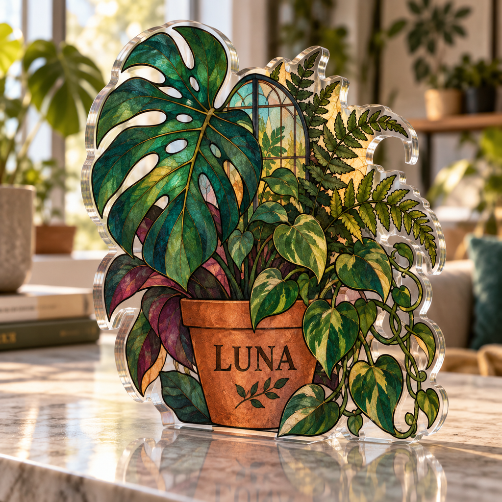 Artwork visualization: Botanical stained glass effect — personalized housewarming, personalized LUNA, subject-shaped acrylic with printed optical 3D depth; not carved relief.