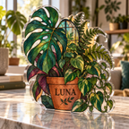 Artwork visualization: Botanical stained glass effect — personalized housewarming, personalized LUNA, subject-shaped acrylic with printed optical 3D depth; not carved relief.