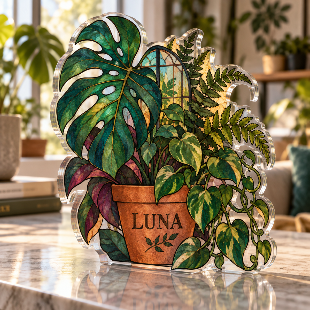 Artwork visualization: Botanical stained glass effect — personalized housewarming, personalized LUNA, subject-shaped acrylic with printed optical 3D depth; not carved relief.