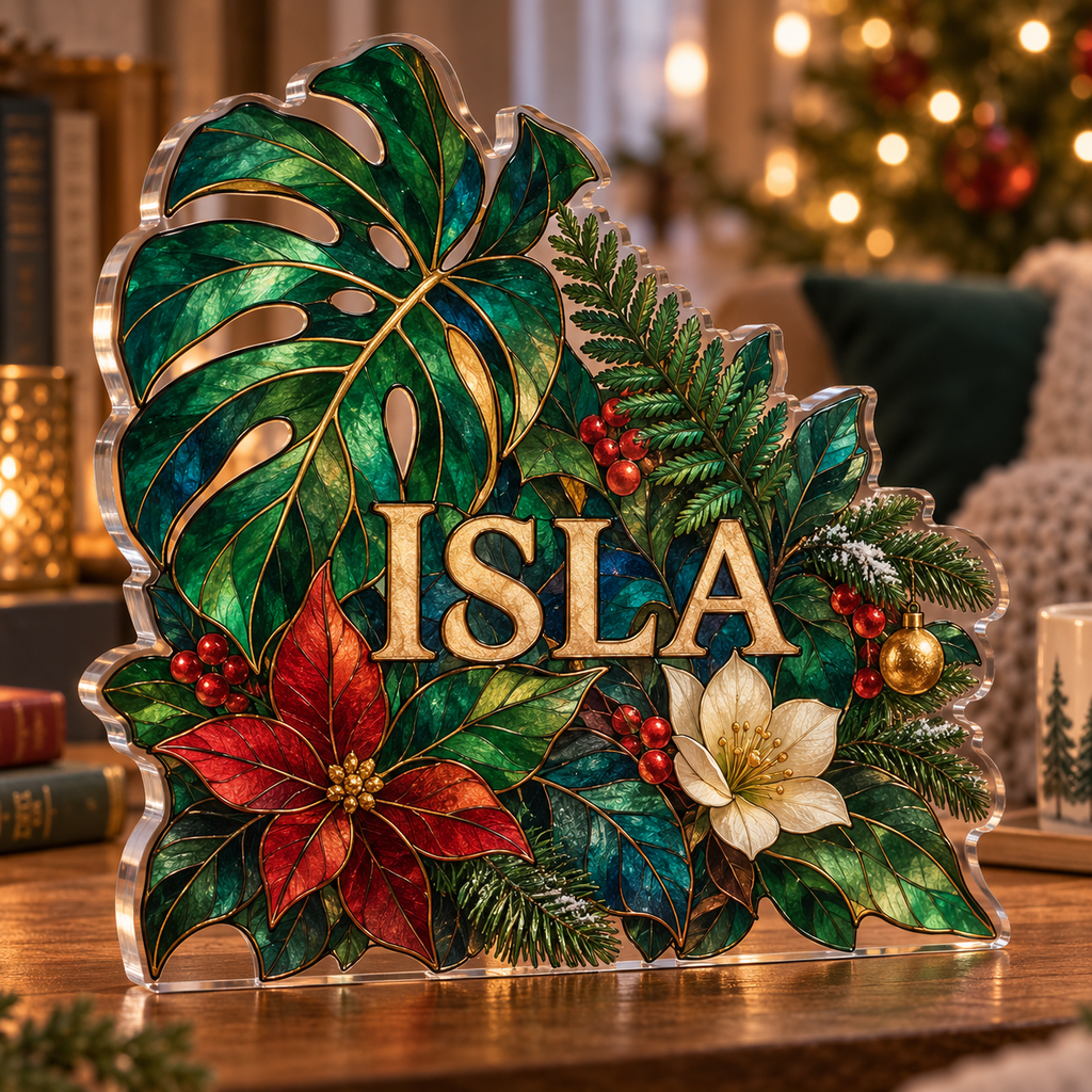 Artwork visualization: Botanical stained glass effect — quiet corner decoration, personalized ISLA, subject-shaped acrylic with printed optical 3D depth; not carved relief.