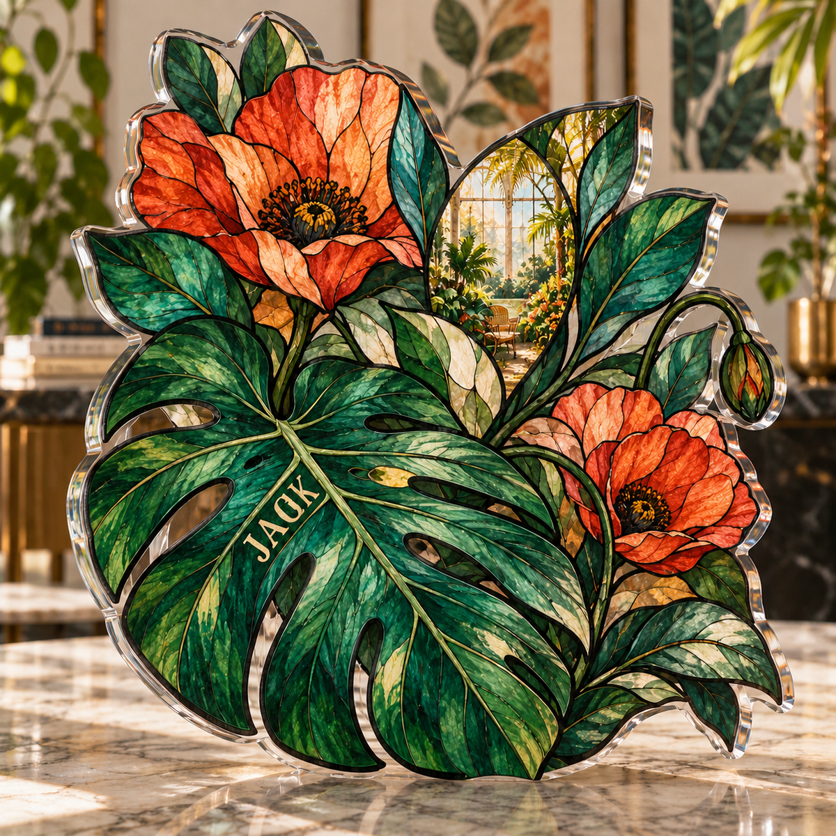 Personalized Botanical Stained Glass Effect — Apartment Gallery Wall acrylic plaque with an example name set into the artwork, digital preview