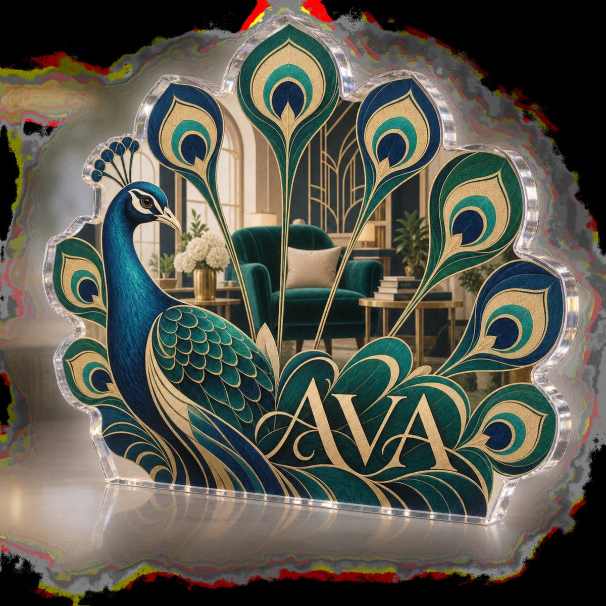 Personalized Peacock Fan Geometry Reading Nook Decor custom shape acrylic plaque with an example name set into the artwork, digital preview