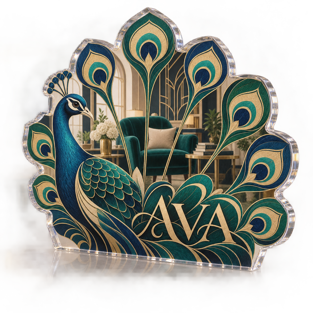 Artwork visualization: Peacock fan geometry — reading nook decor, personalized AVA, subject-shaped acrylic with printed optical 3D depth; not carved relief.