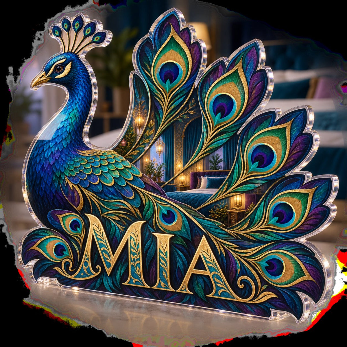 Personalized Peacock Fan Geometry Bedroom Statement Decor custom shape acrylic plaque with an example name set into the artwork, digital preview