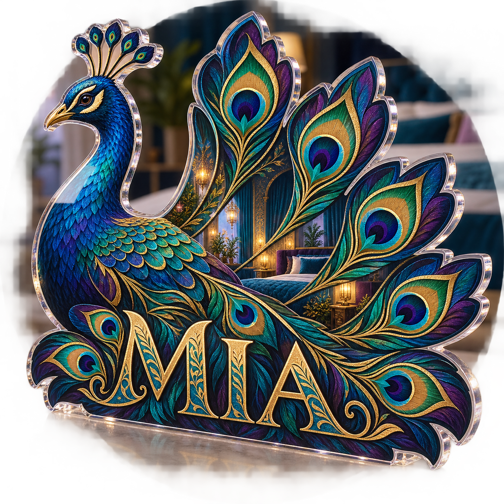 Artwork visualization: Peacock fan geometry — bedroom statement decor, personalized MIA, subject-shaped acrylic with printed optical 3D depth; not carved relief.