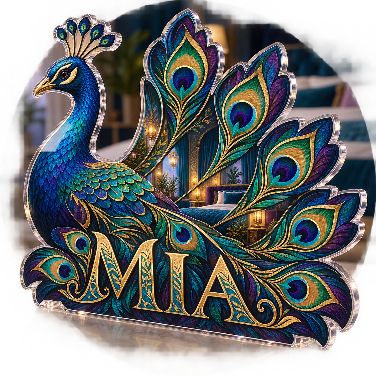 Artwork visualization: Peacock fan geometry — bedroom statement decor, personalized MIA, subject-shaped acrylic with printed optical 3D depth; not carved relief.