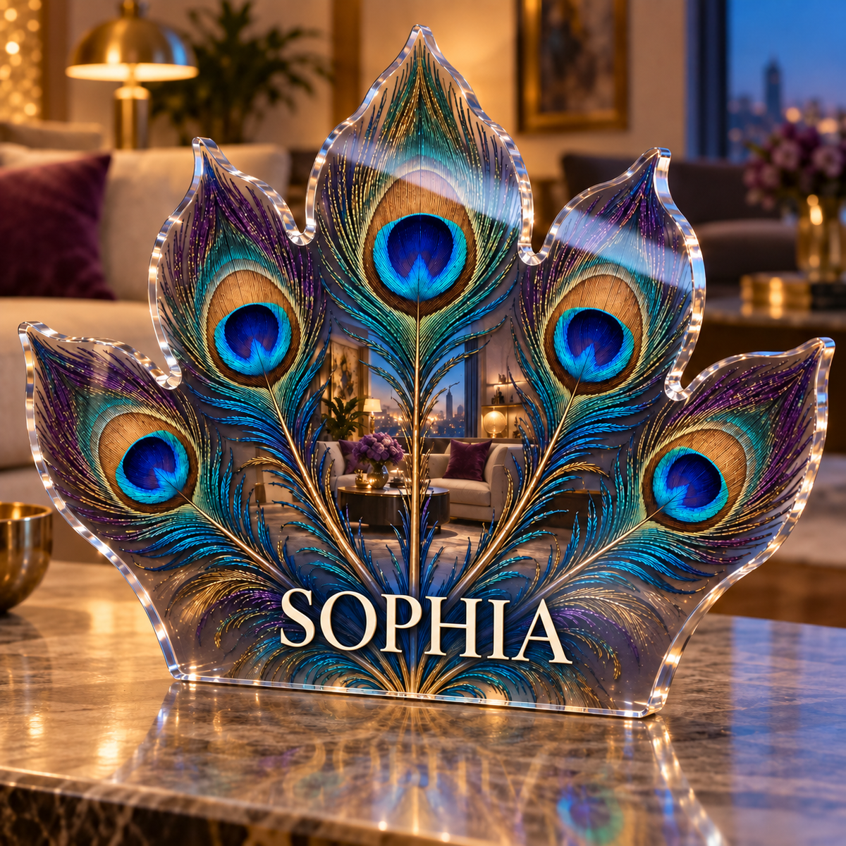 Artwork visualization: Peacock fan geometry — living room focal point, personalized SOPHIA, subject-shaped acrylic with printed optical 3D depth; not carved relief.