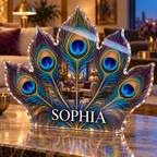 Artwork visualization: Peacock fan geometry — living room focal point, personalized SOPHIA, subject-shaped acrylic with printed optical 3D depth; not carved relief.