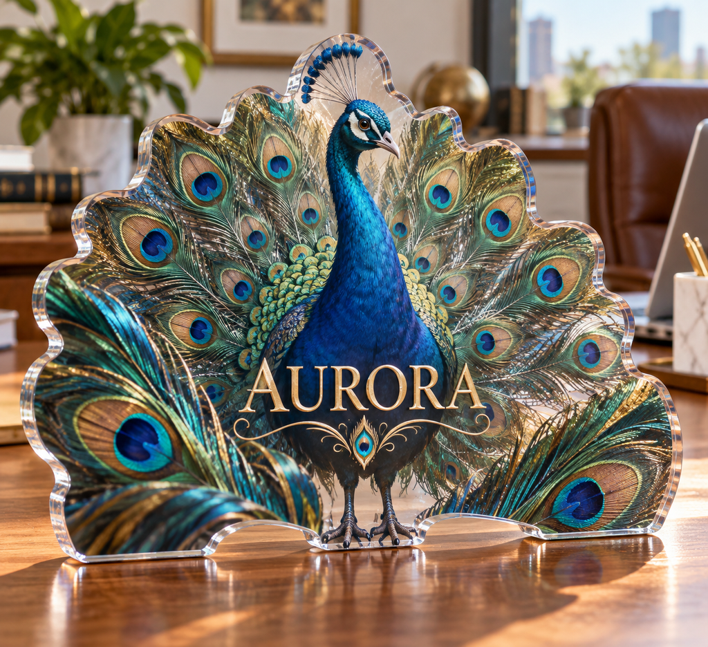 Artwork visualization: Peacock fan geometry — home office backdrop, personalized AURORA, subject-shaped acrylic with printed optical 3D depth; not carved relief.