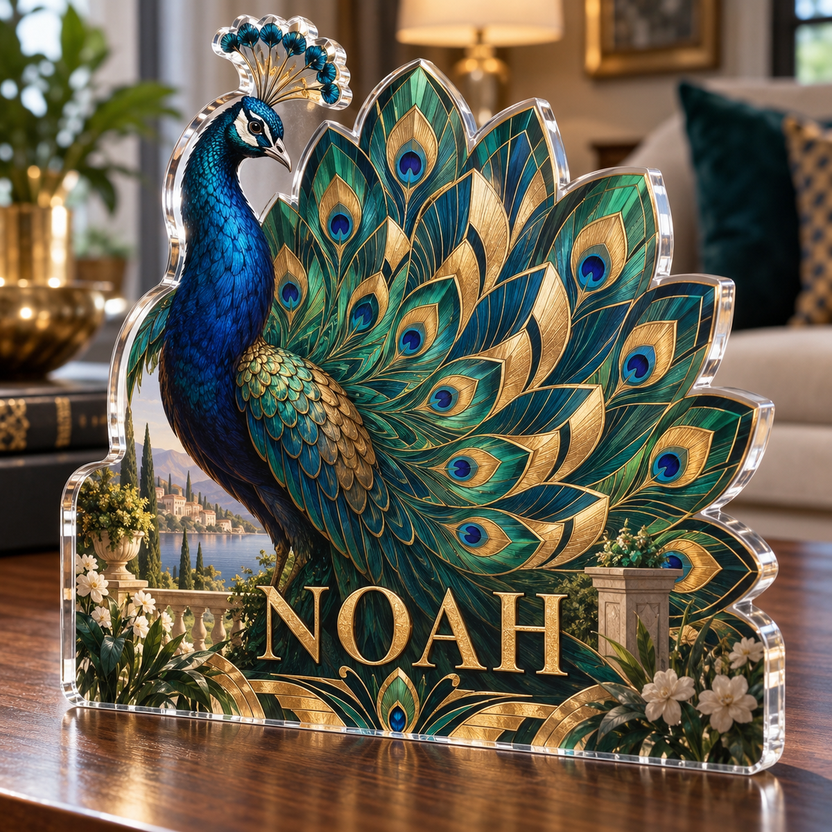 Artwork visualization: Peacock fan geometry — personalized housewarming, personalized NOAH, subject-shaped acrylic with printed optical 3D depth; not carved relief.