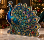 Artwork visualization: Peacock fan geometry — quiet corner decoration, personalized AURORA, subject-shaped acrylic with printed optical 3D depth; not carved relief.