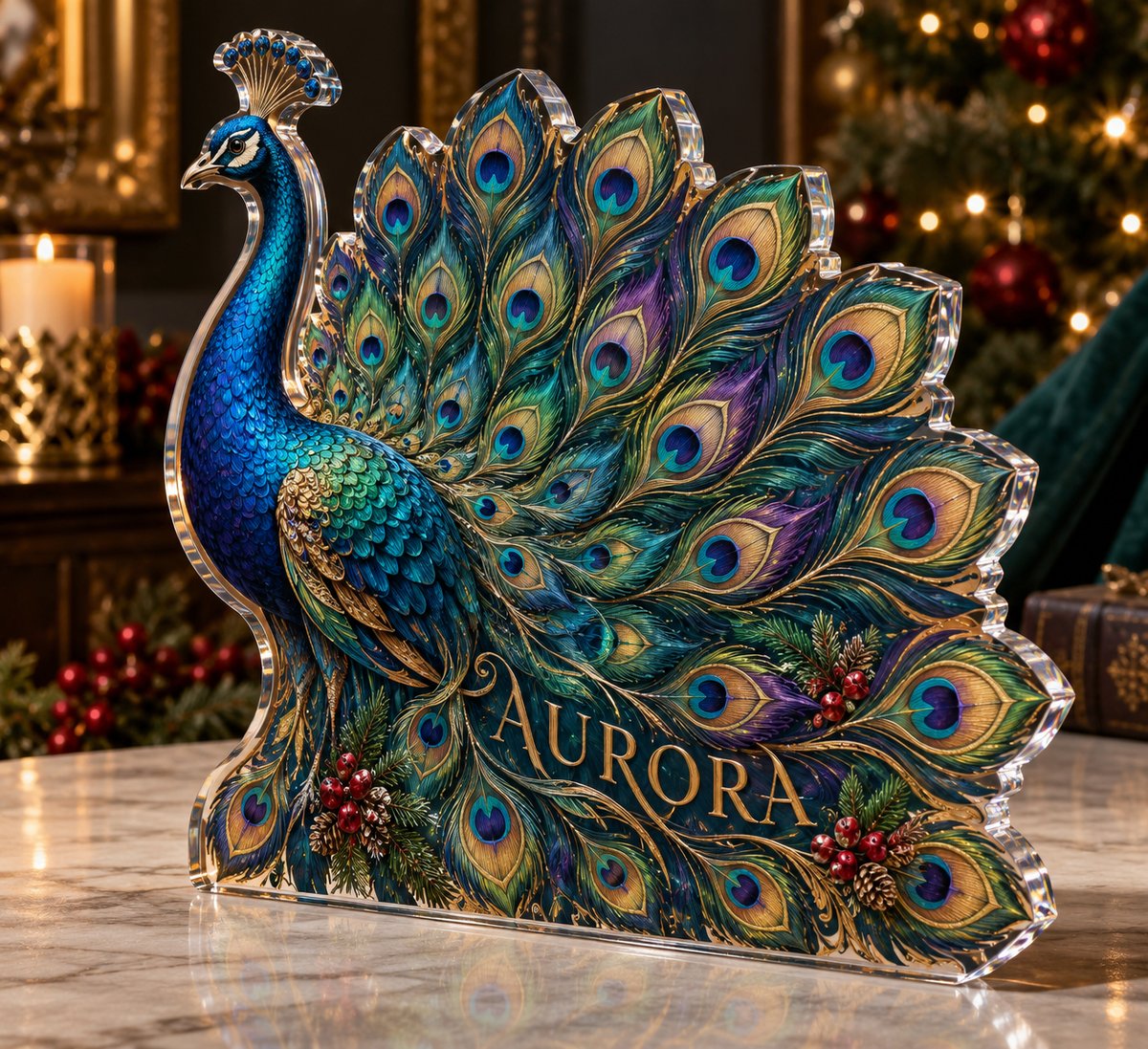 Artwork visualization: Peacock fan geometry — quiet corner decoration, personalized AURORA, subject-shaped acrylic with printed optical 3D depth; not carved relief.