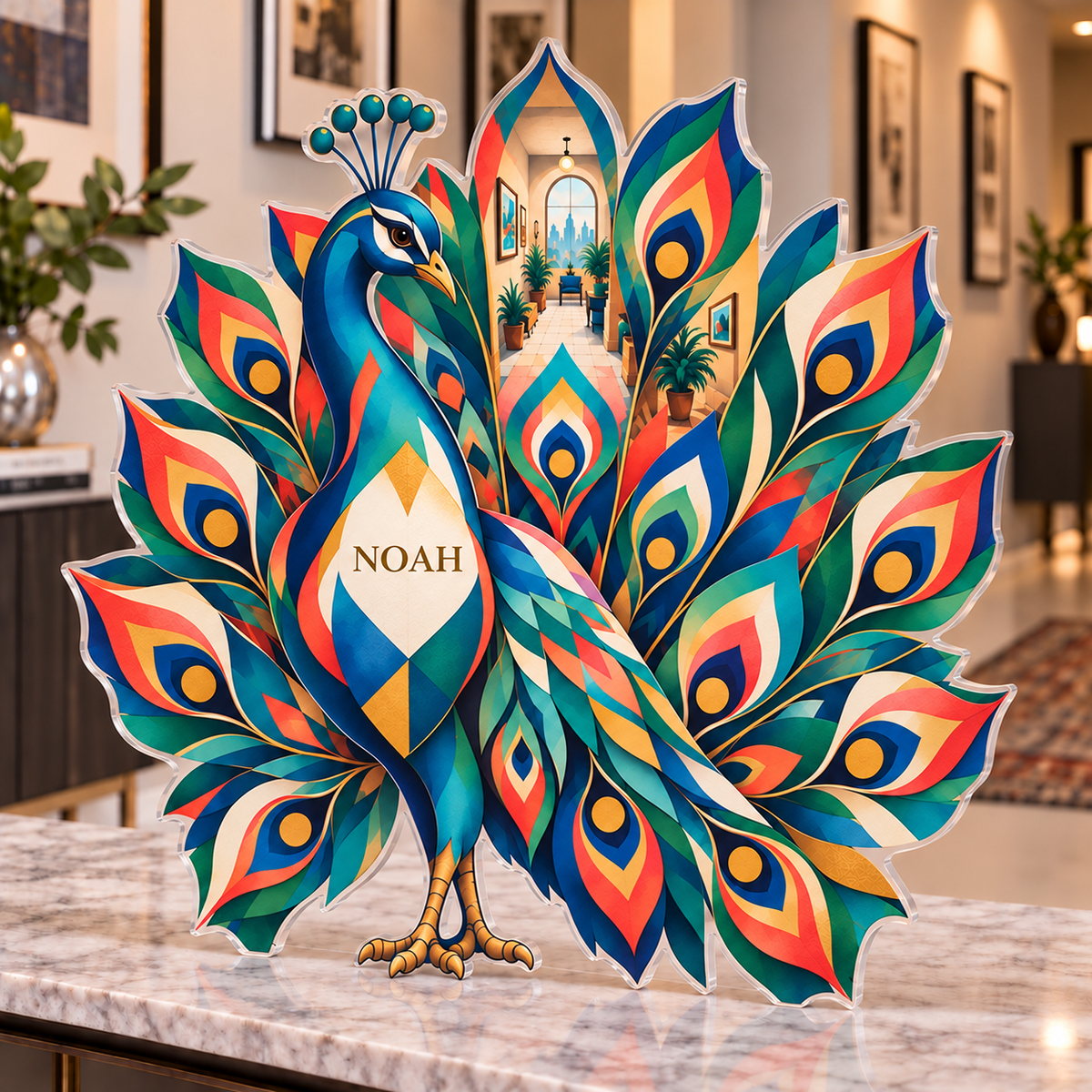 Personalized Peacock Fan Geometry — Apartment Gallery Wall acrylic plaque with an example name set into the artwork, digital preview
