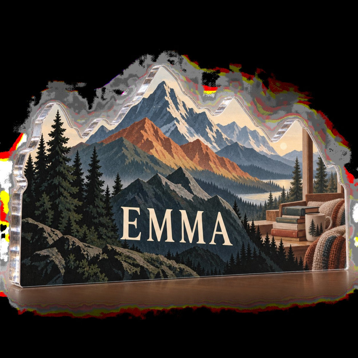 Personalized Geometric Mountain Layers Reading Nook Decor custom shape acrylic plaque with an example name set into the artwork, digital preview