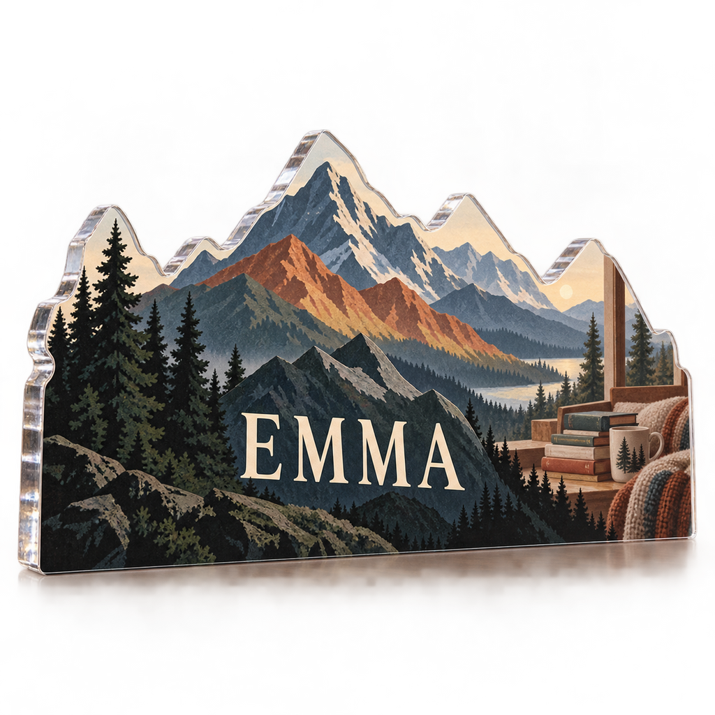 Artwork visualization: Geometric mountain layers — reading nook decor, personalized EMMA, subject-shaped acrylic with printed optical 3D depth; not carved relief.