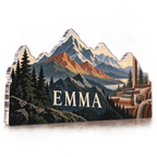 Artwork visualization: Geometric mountain layers — reading nook decor, personalized EMMA, subject-shaped acrylic with printed optical 3D depth; not carved relief.
